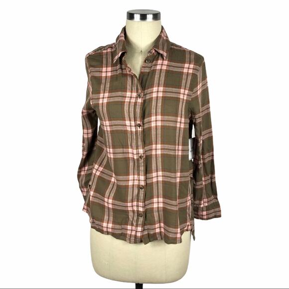 SUSINA Button Hem Plaid Long Sleeve Shirt XSP NWT Pink - Picture 1 of 8